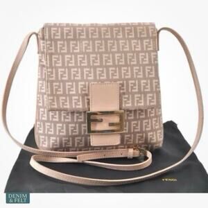 Fendi Zucchino Pink Canvas Crossbody Bag Beige FF Logo Leather Trim Purse